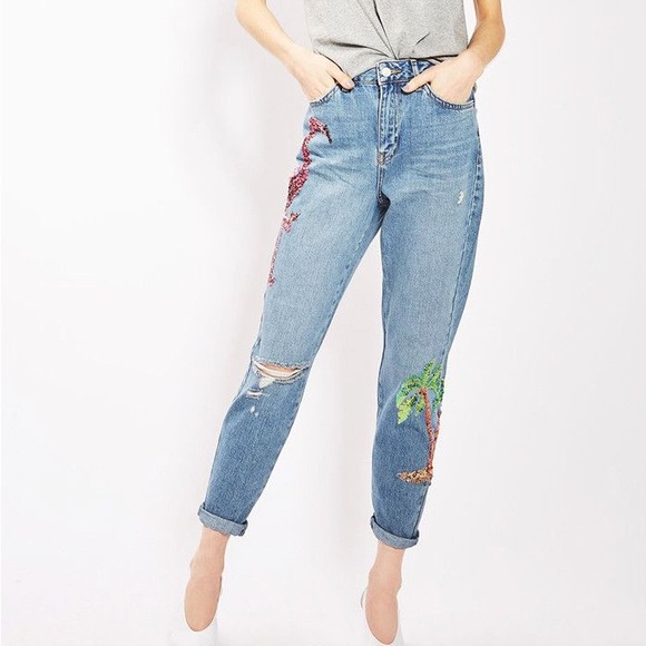 Topshop Flamingo Sequin Moto Mom Jeans Size 30 High Waisted Denim Fun Palm Tree - Picture 3 of 13